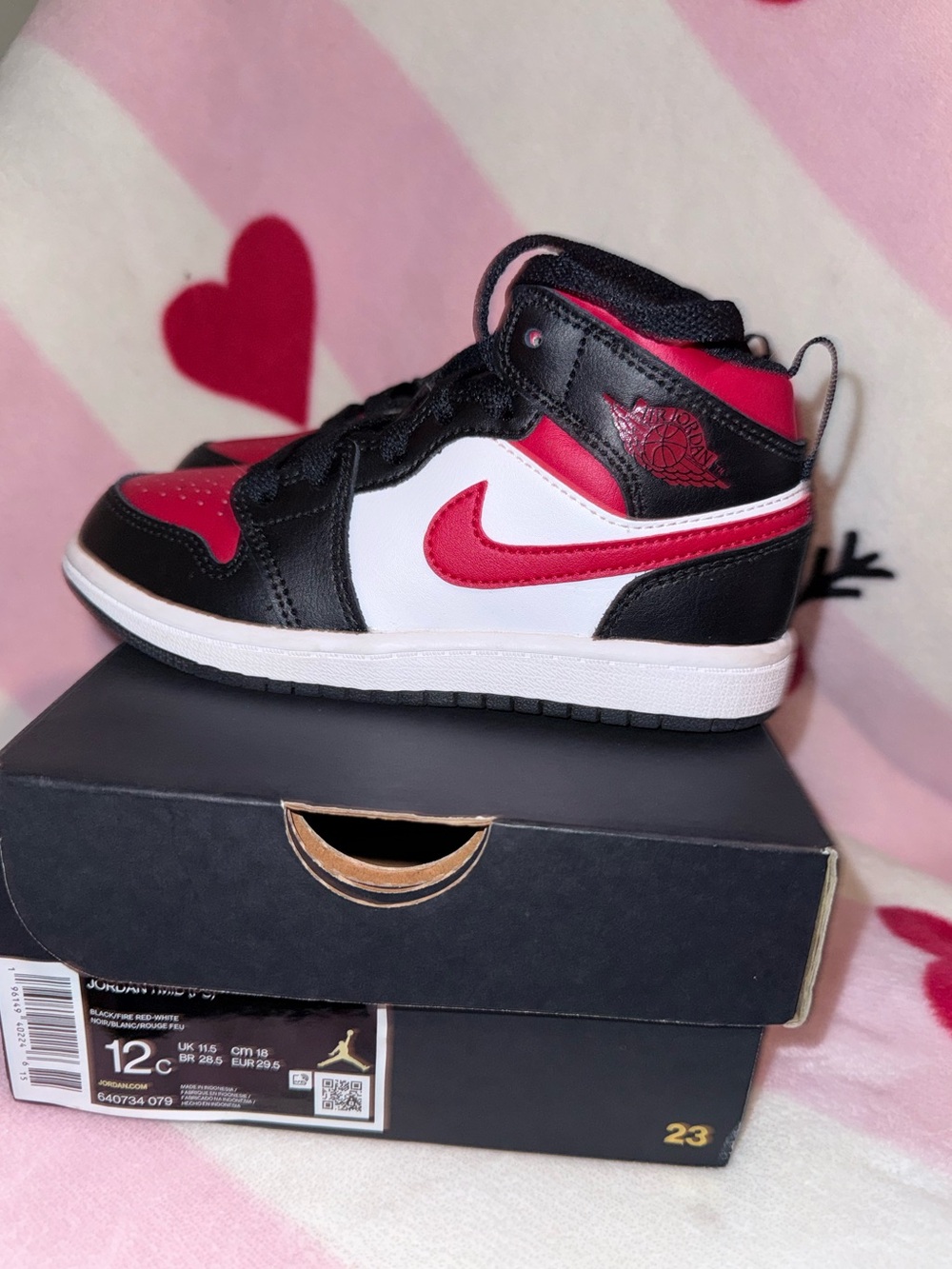 Air Jordan 1 Kids' Mid-Top Sneakers - Black/White/Red, Size 12C